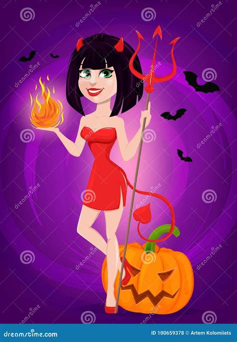 Devil Girl For Halloween She Devil With Trident In One Han Stock Vector Illustration Of Flame