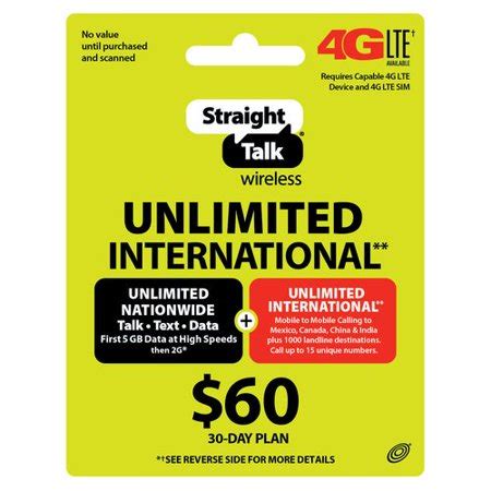 Straight talk st64psimc4bmb sim card (micro size) and activation instructions card for at&t & unlocked gsm phones (sold by peaceful products) 4.1 out of 5 stars 428 $4.95 $ 4. Straight Talk Wireless $60 30-Day Unlimited International Plan Prepaid Phone Card - Walmart.com