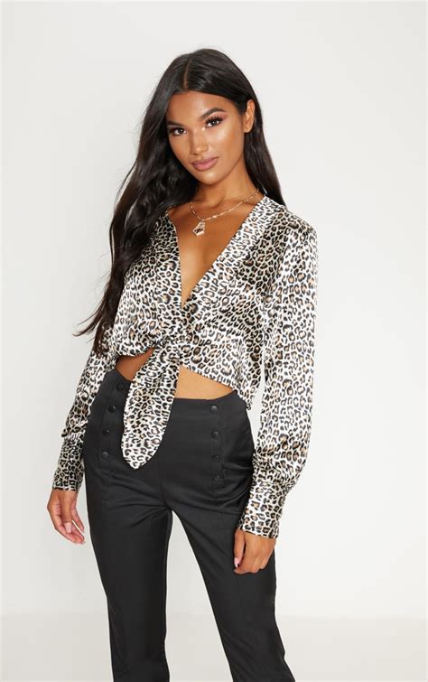 Tan Leopard Print Tie Front Crop Top Tops Prettylittlething