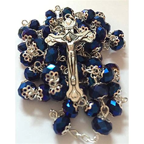 Deep Blue Glass Crystal Beads Rosary Necklace Holy Soil Medal Silver