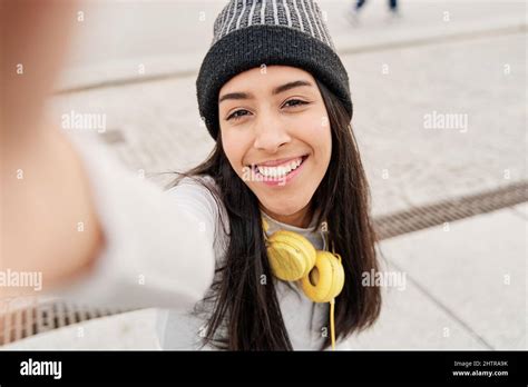 Selfie Of Happy And Cheerful Latina Woman In Casual Clothes Excited Hispanic Girl With A Smart