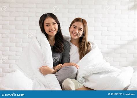 Beautiful Two Female Lgbt Lesbian Embracing Together In Blanket Cover