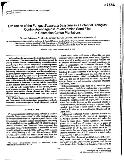 Pdf Evaluation Of The Fungusbeauveria Bassianaas A Potential Biological Control Agent Against