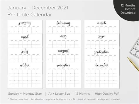 2021 Printable Calendar 2021 Big Wall Calendar 2021 Large Etsy