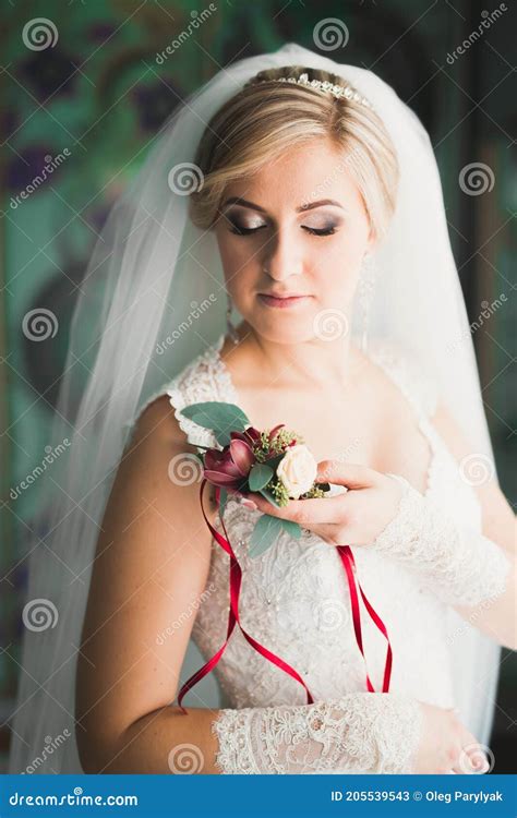 Luxury Bride In White Dress Posing While Preparing For The Wedding