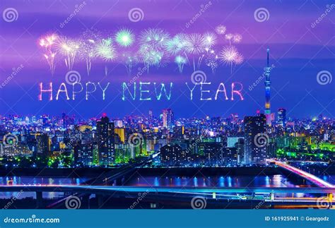 Happy New Year Fireworks Over Tokyo Cityscape At Night Japan Stock