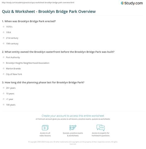 Quiz And Worksheet Brooklyn Bridge Park Overview