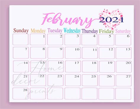 Calendario Minimalista Febrero 2021 San Valentín Tema Etsy