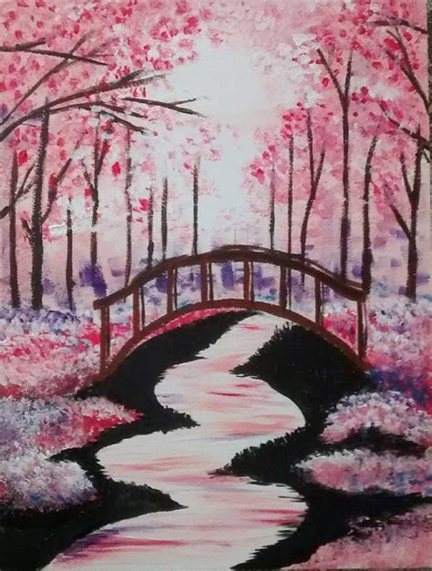 Bridge Under Cherry Blossoms Acylic On Water Color Paper A Paint