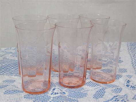 Set Of 6 Depression Pink Panel Optic Etched Drinking Glasses Tumblers 11 Oz Antique Price