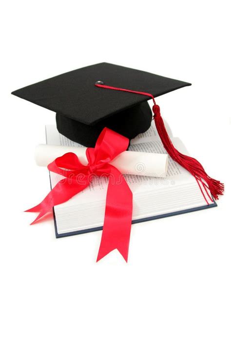 A Graduation Cap And Diploma On Top Of Each Other With Red Ribbon
