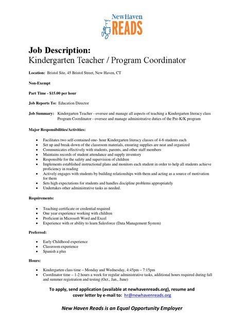 Job Description Kindergarten Teacher Program Coordinator 11 19 15ed By