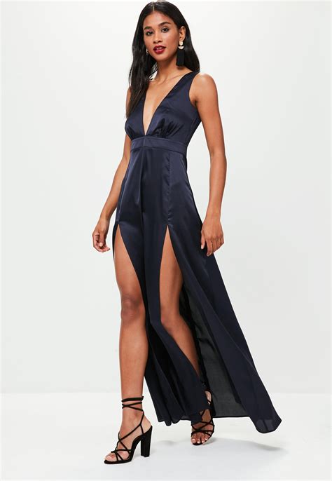 Missguided Navy Plunge Double Split Front Satin Maxi Dress In Blue Lyst