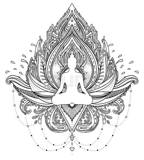 Vector Ornamental Lotus Flower With Silhouette Of Buddha Ethnic Art Indian Paisley Hand Drawn