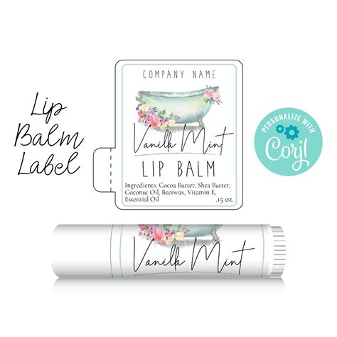 Editable Lip Balm Label Template Watercolor Bathtub Flowers Lip Gloss