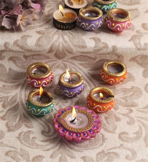 Buy Multicolour Clay Fancy Diwali Diyas Set Of 9 By Decardo Online