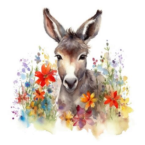Premium Photo Colorful Flower Field With Delightful Donkey Foal