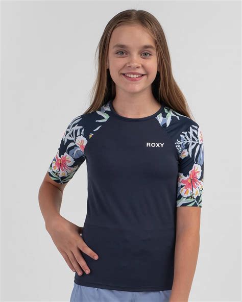 Shop Roxy Girls Summer Good Wave Short Sleeve Rash Vest In Mood Indigo Wild Floral Fast