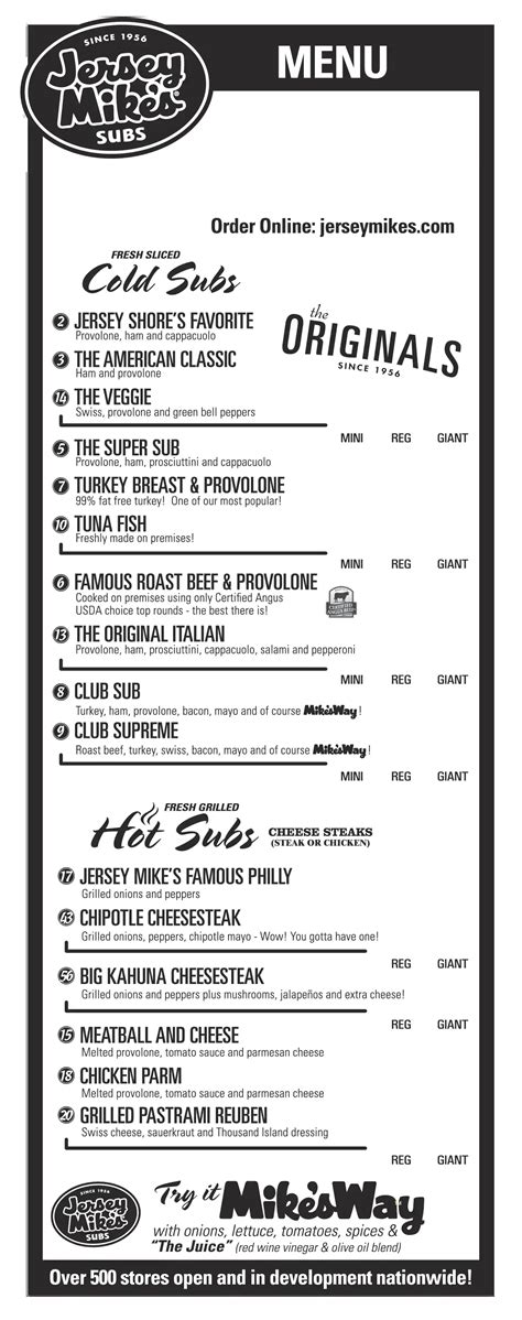 Jersey Mikes Printable Menu With Prices