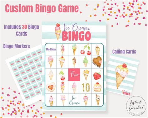 Printable Bingo Game Ice Cream Bingo Birthday Bingo Custom Etsy