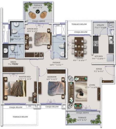 1624 Sq Ft 3 Bhk Floor Plan Image Mahindra Lifespaces Developers
