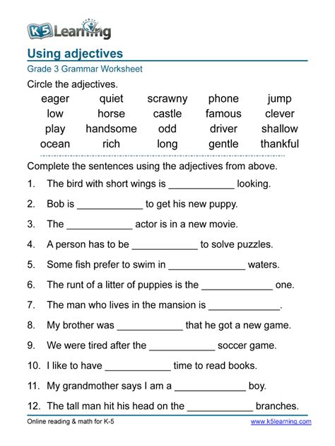 Free grammar worksheets for grade 1, grade 2 and grade 3, organized by subject. Adjectives Worksheets For Grade 3 - Fill Online, Printable ...