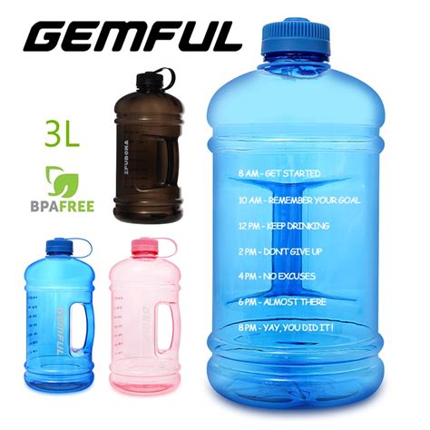 Gemful Big Motivational Water Bottle 3l With Time Marker Bpa Free Large