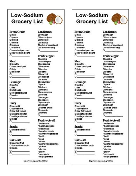 Eating in restaurants causes difficulty as the majority of restaurant food is salted. Low Sodium Grocery List Printable Instant Download | Etsy ...