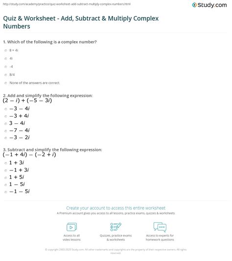 Add Subtract And Multiply Complex Numbers Worksheet