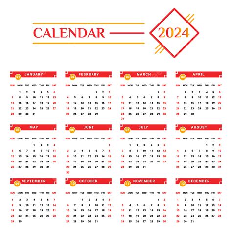 Calendário 2024 Com Amarelo E Vermelho Vetor Png Calendário