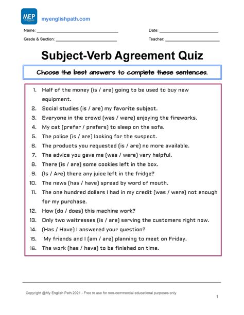 Subject Verb Agreement Quiz With Answers Subject Verb Agreement Quiz
