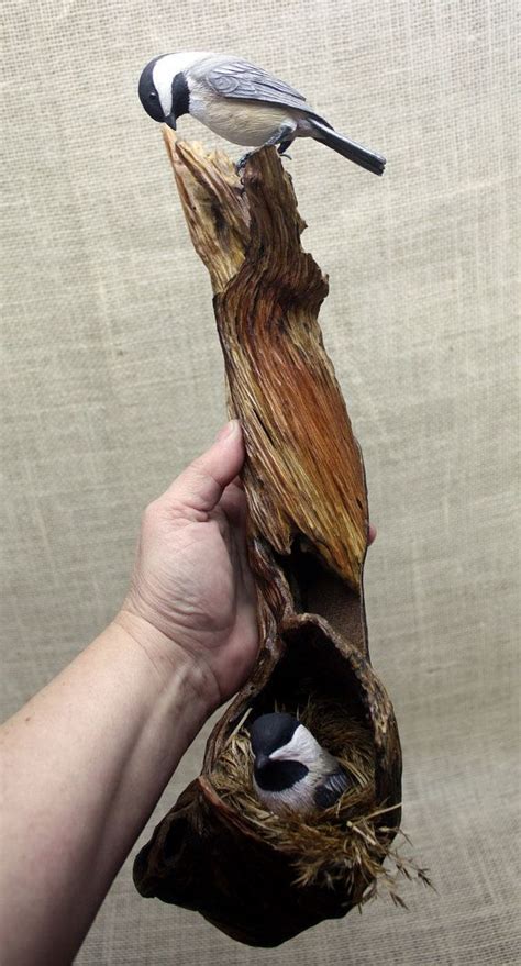 Chickadee Pair Bird Wood Carving Hand Carved Bird Sculpture