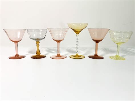 2nd Time Around Vintage 6 Champagne Coupes Glasses Pink Amber