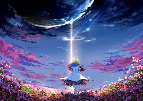 Wallpaper Anime Girls Sky Clouds Stars Planet