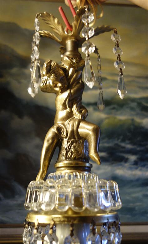 Cherub Hanging Lamp Chandelier Metal Swag Plugin Bubble Glass Brass
