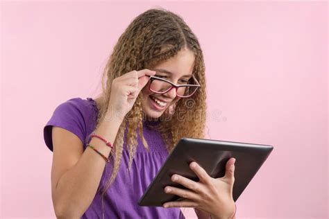Teen School Girl With Glasses Using Digital Tablet Stock Image Image