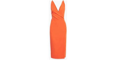 Halston Wrap Effect Stretch Crepe Midi Dress In Orange Lyst Uk