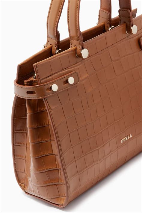 Shop Furla Brown Furla Lady M Tote Bag In Croc Embossed Leather For