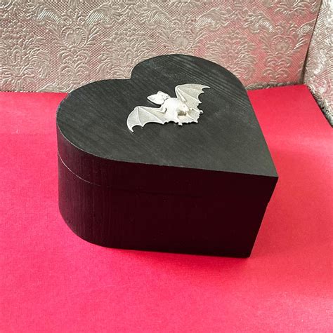 Gothic Black Heart Trinket Box With Silver Bat Jewelry Box Etsy