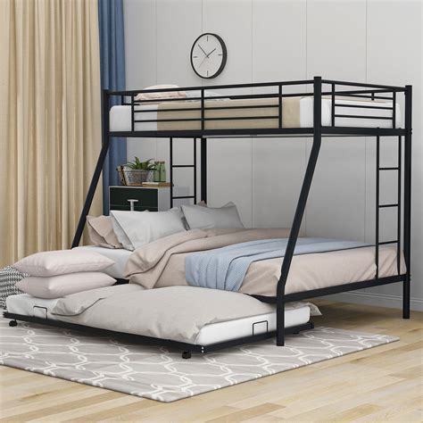 Euroco Steel Twin Over Full Bunk Bed With Trundle And Ladders Black