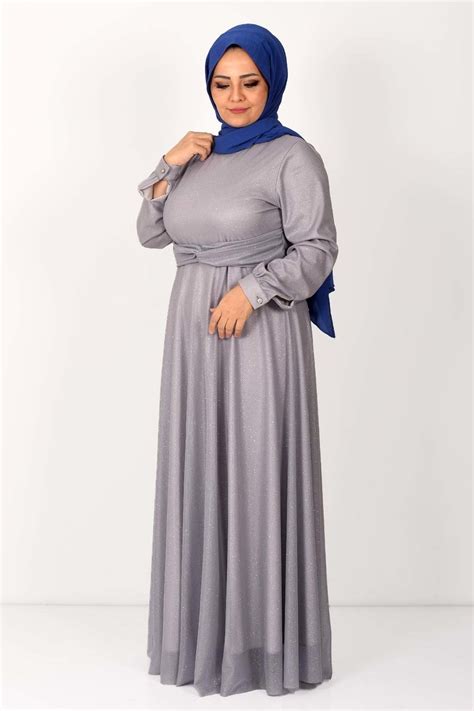 Plus Size Silvery Hijab Evening Dress Tsd0057 Gray