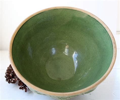 Vintage 1930s Green Pottery Bowl Green Glazed Yellow Ware Etsy