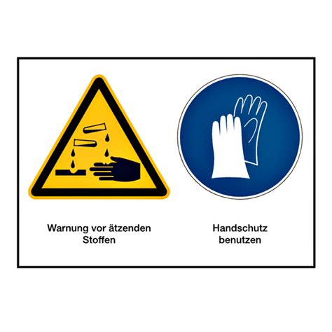 Hinweisschild Warnung vor ätzenden Stoffen Handschutz benutzen nach