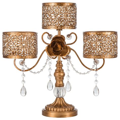Victoria Gold Crystal Draped 3 Pillar Candle Holder Traditional