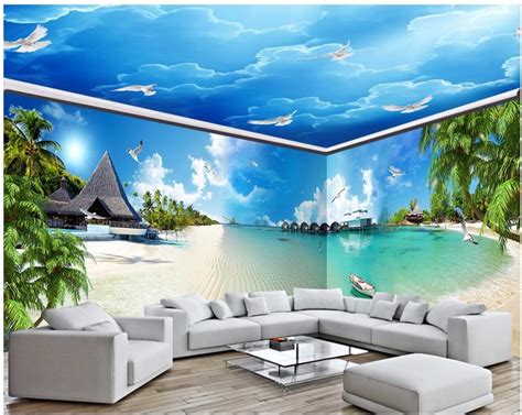 3d Room Wallpaper Custom Photo Blue Sea Beach Full House Background