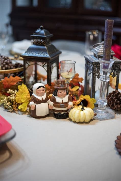 Thanksgiving Table Display Candles Pilgrims Lanterns Stock Image