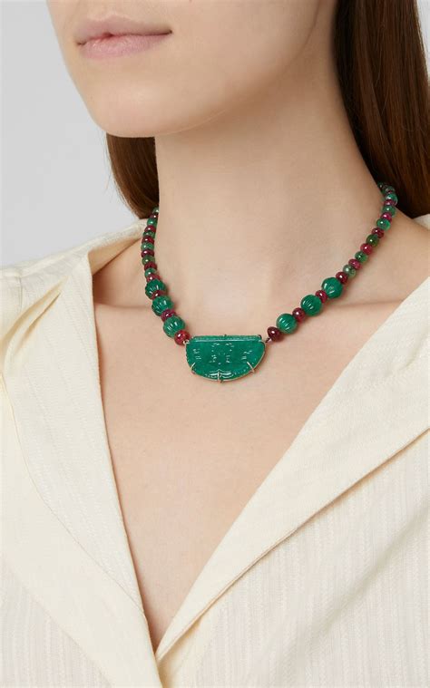 Vintage Van Cleef And Arpels Carved Emerald And Ruby Bead Necklace