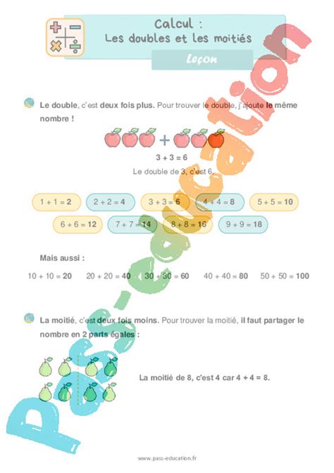 Doubles et moitiés CE1 Exercice évaluation révision leçon pdf à