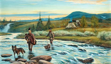 Wading Saami Boys With Dogs Painting By Johan Tiren Fine Art America