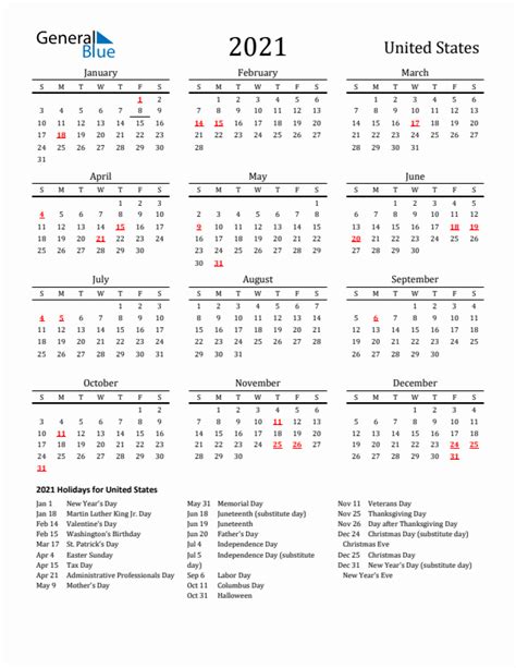 2021 United States Calendar With Holidays